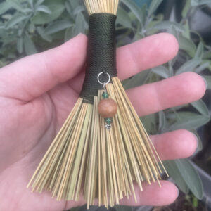 Handmade Tiny Turkey Wing 4" Broom with Forest Green Handle, Wood and Glass Beads