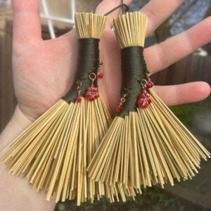 Handmade Tiny Turkey Wing 5" Broom with Forest Green Handle, Red Glass Beads with Star, Loop Hanger