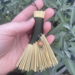 Handmade Tiny Turkey Wing 4" Broom with Forest Green Handle, Wood and Glass Beads, Loop Hanger