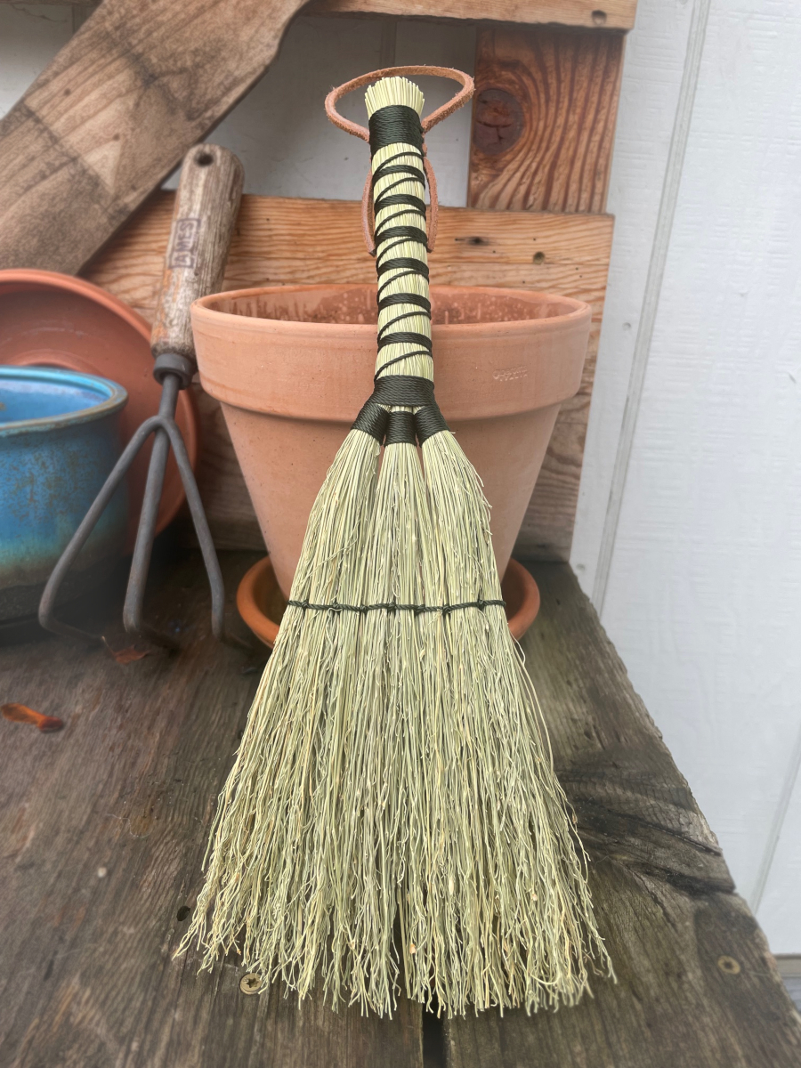 Handmade Hand Broom, Triple Bottom with Forest Green Handle, Suede Leather Hanging Loop