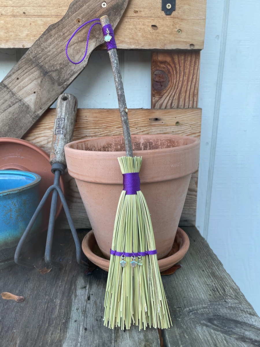 Handmade Wood Handle Small Broom 14", Purple Cord and Hanging Loop, Glass Star Bead Charms - Image 2