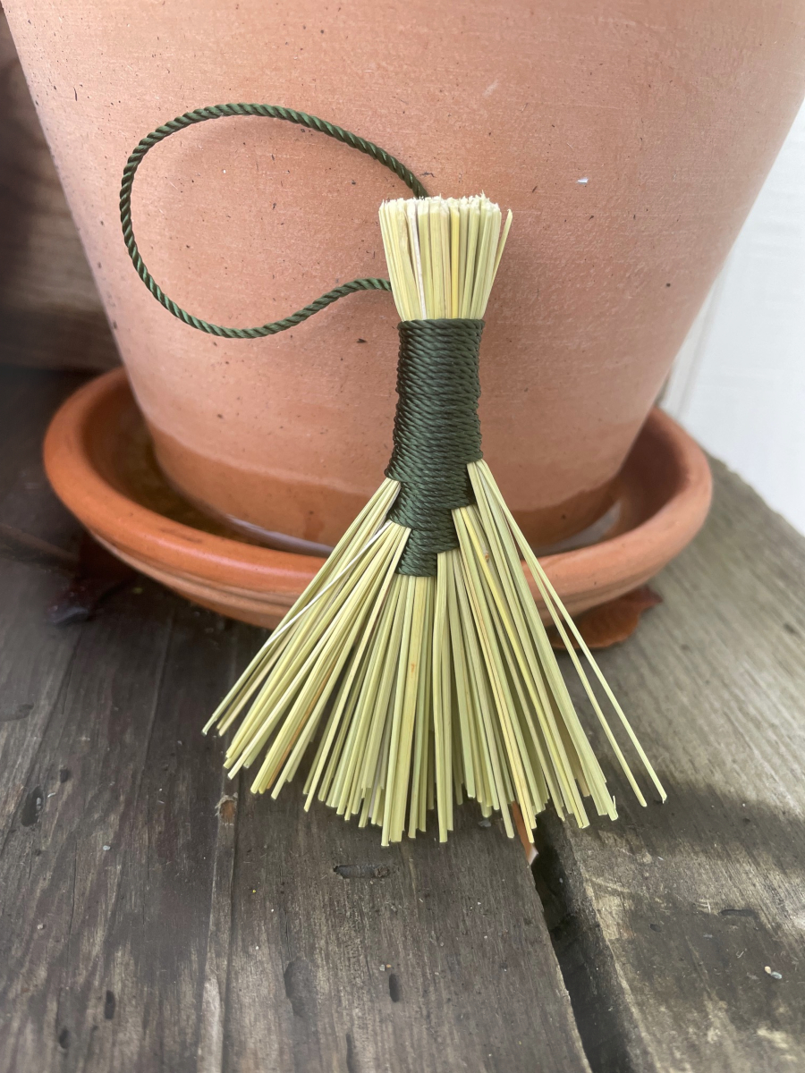 Handmade Tiny Hawk Tail Broom with Forest Green Handle, Hanging Loop - Image 2