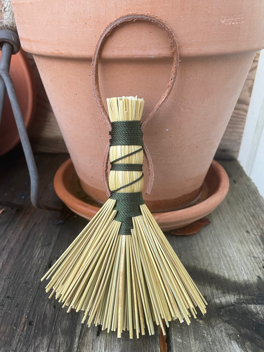 Handmade Small Hawk Tail Broom with Forest Green Handle, Suede Leather Hanging Loop