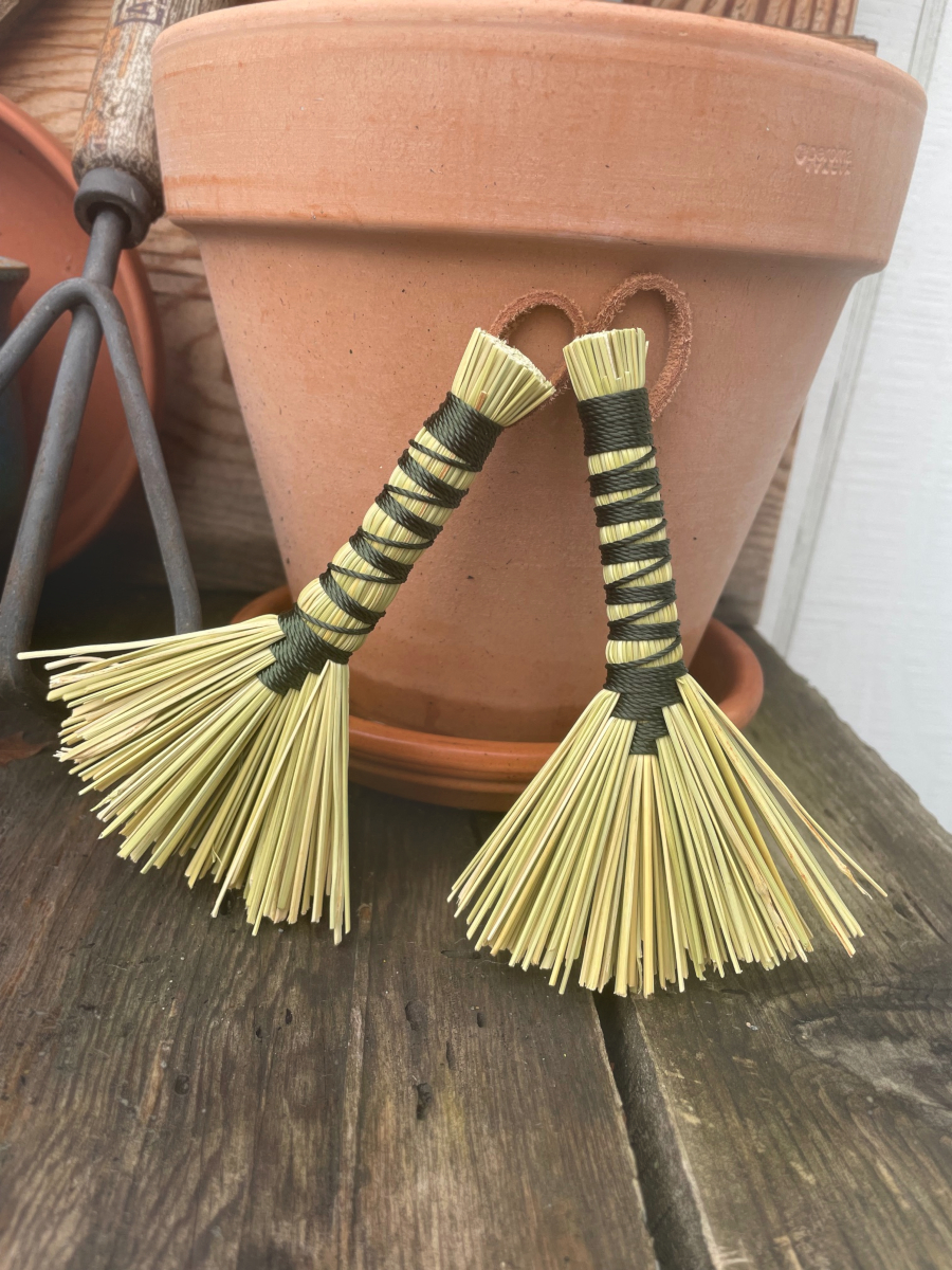 Handmade Tiny Hawk Tail Broom with Long Forest Green Handle, Suede Leather Hanging Loop - Image 2