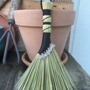 Handmade Hen Wing Hand Broom 8", Black Handle with Hanging Loop, Rose Quartz Charms