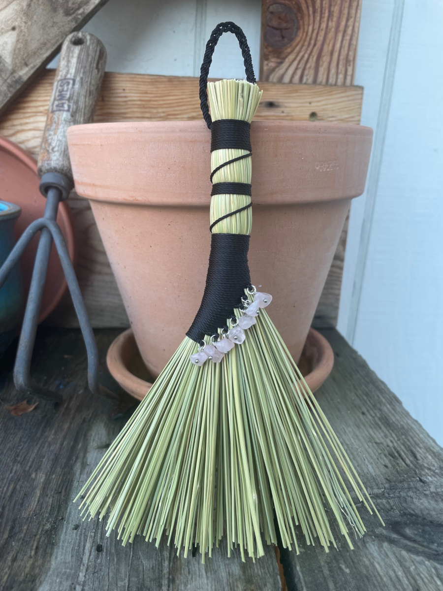 Handmade Hen Wing Hand Broom 8", Black Handle with Hanging Loop, Rose Quartz Charms