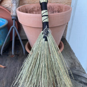 Handmade Hawk Tail Hand Broom 10", Black Handle with Hanging Loop, Lava Bead Galaxy Charm