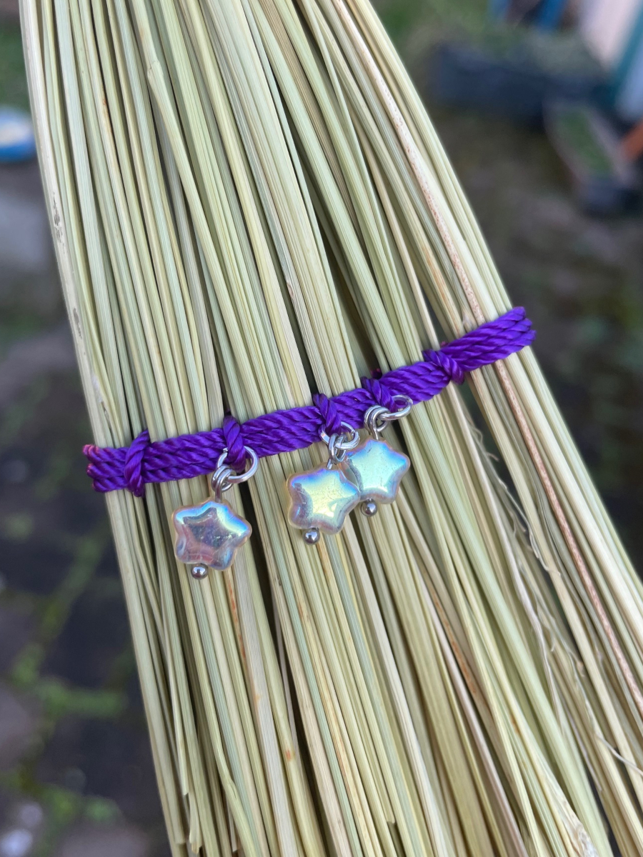 Handmade Wood Handle Small Broom 14", Purple Cord and Hanging Loop, Glass Star Bead Charms - Image 7