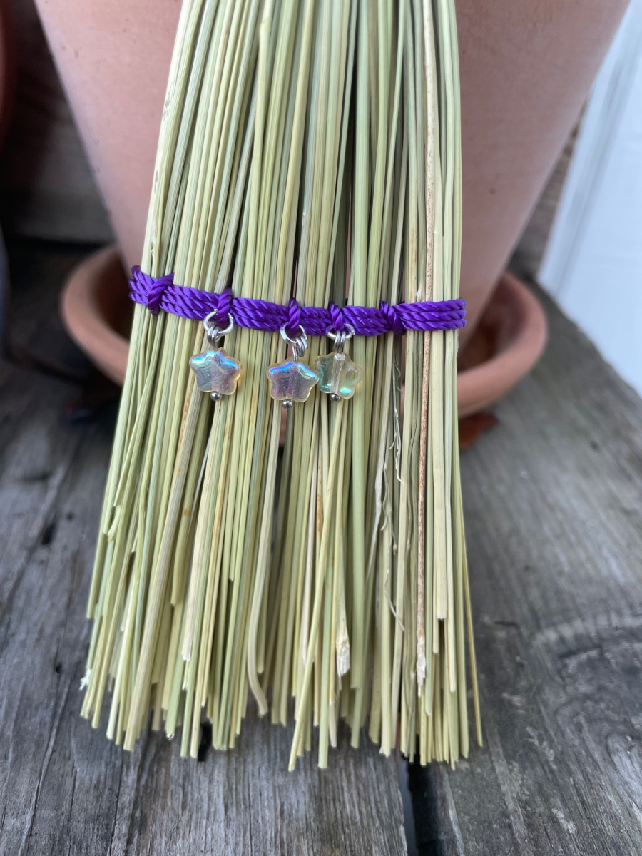 Handmade Wood Handle Small Broom 14", Purple Cord and Hanging Loop, Glass Star Bead Charms - Image 3