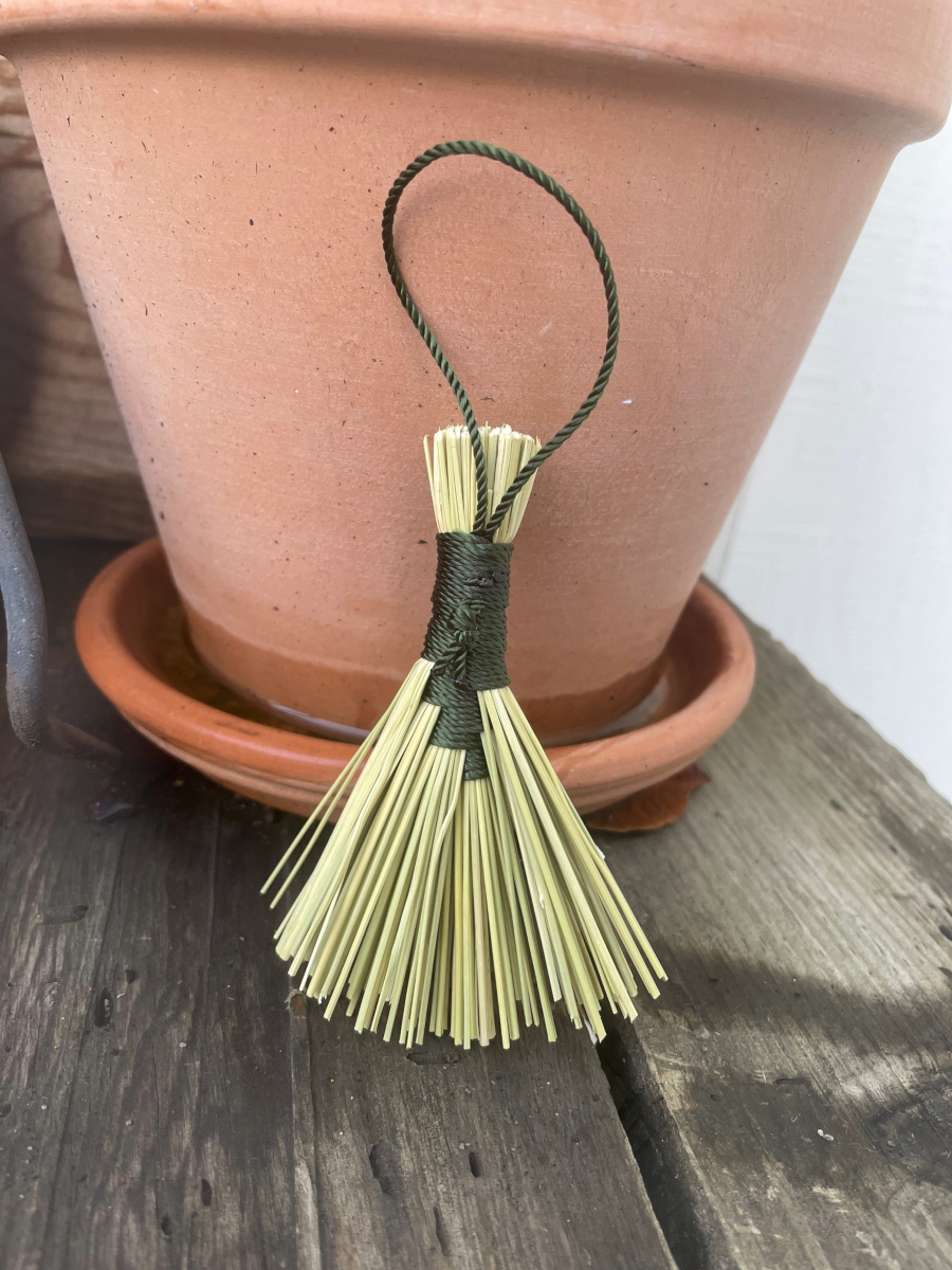 Handmade Tiny Hawk Tail Broom with Forest Green Handle, Hanging Loop - Image 3