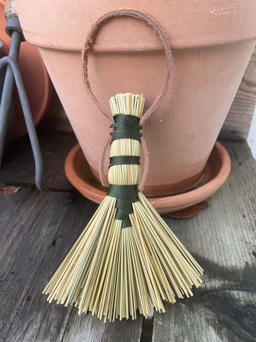 Handmade Small Hawk Tail Broom with Forest Green Handle, Suede Leather Hanging Loop - Image 2
