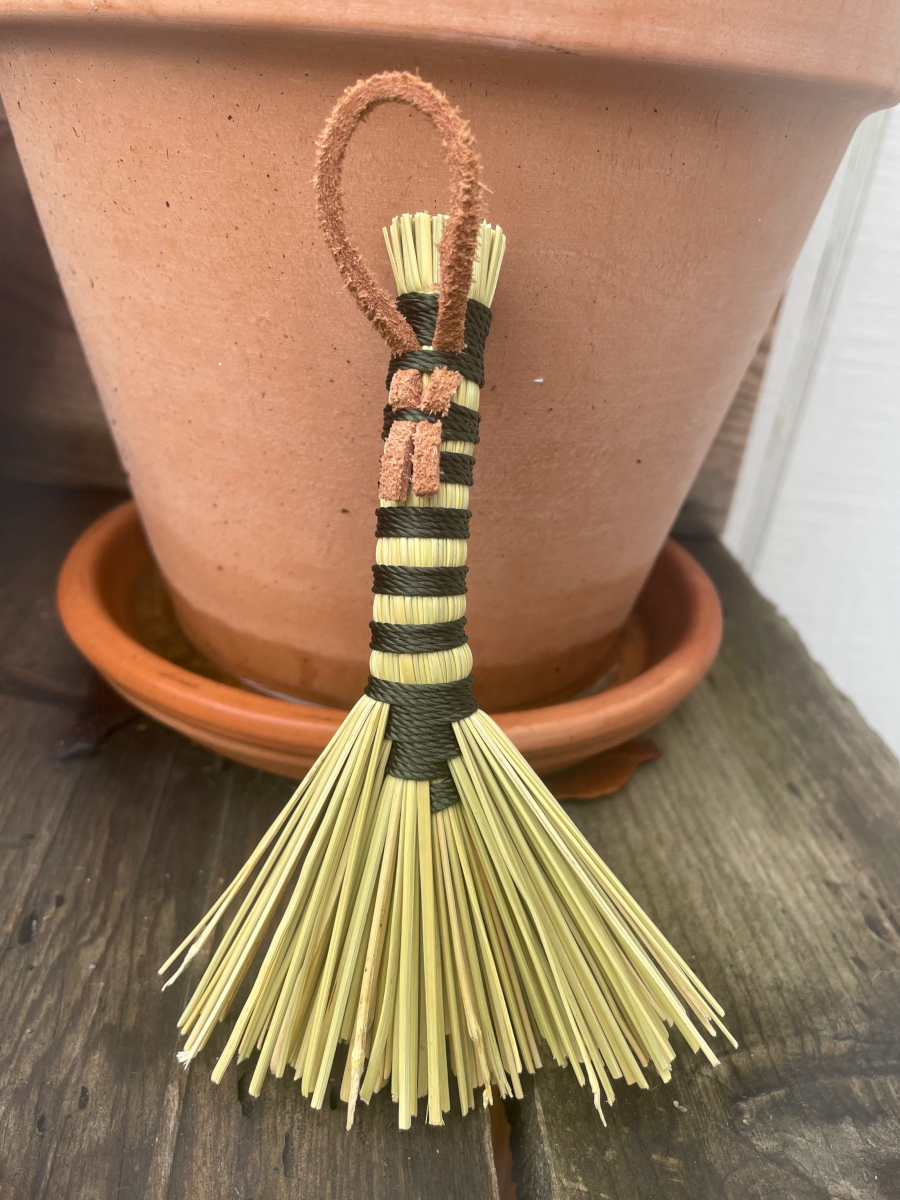 Handmade Tiny Hawk Tail Broom with Long Forest Green Handle, Suede Leather Hanging Loop - Image 3