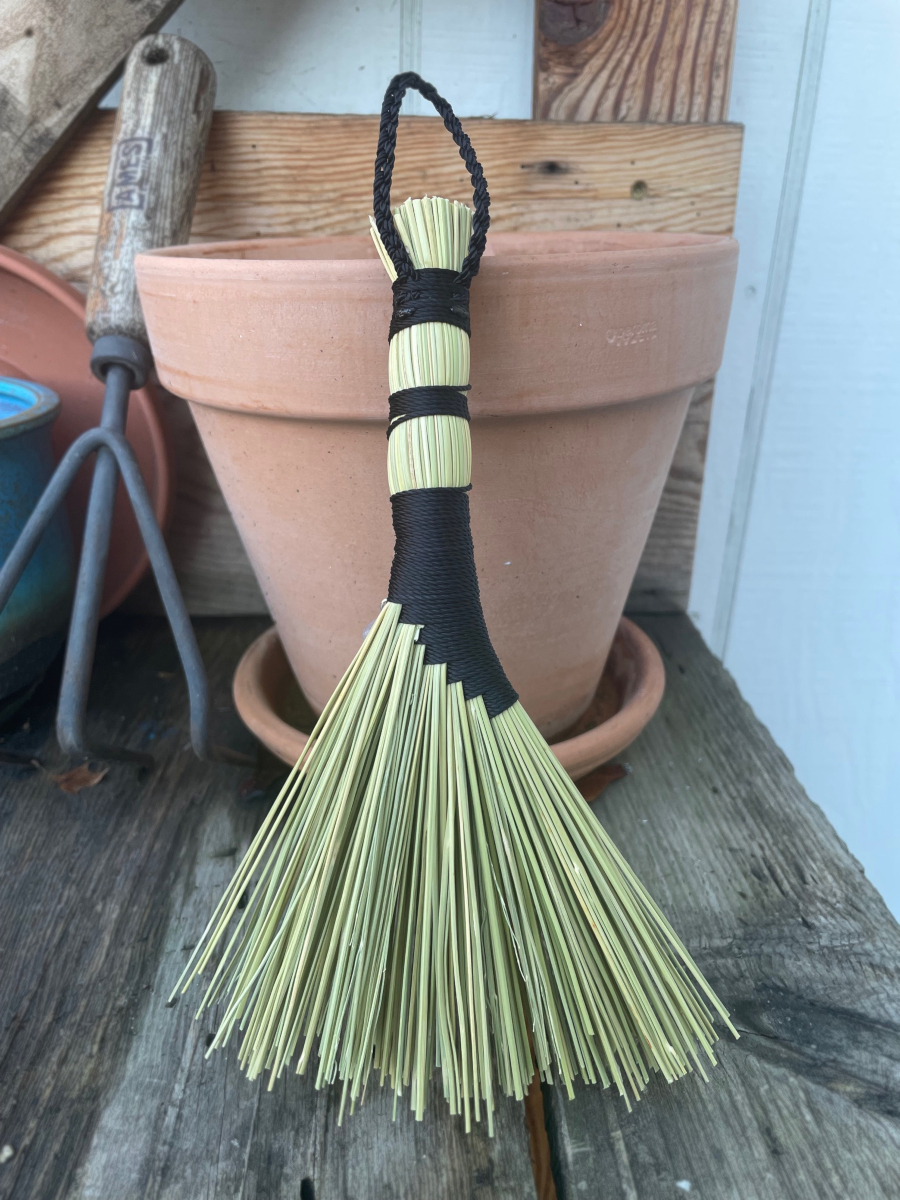 Handmade Hen Wing Hand Broom 8", Black Handle with Hanging Loop, Rose Quartz Charms - Image 2