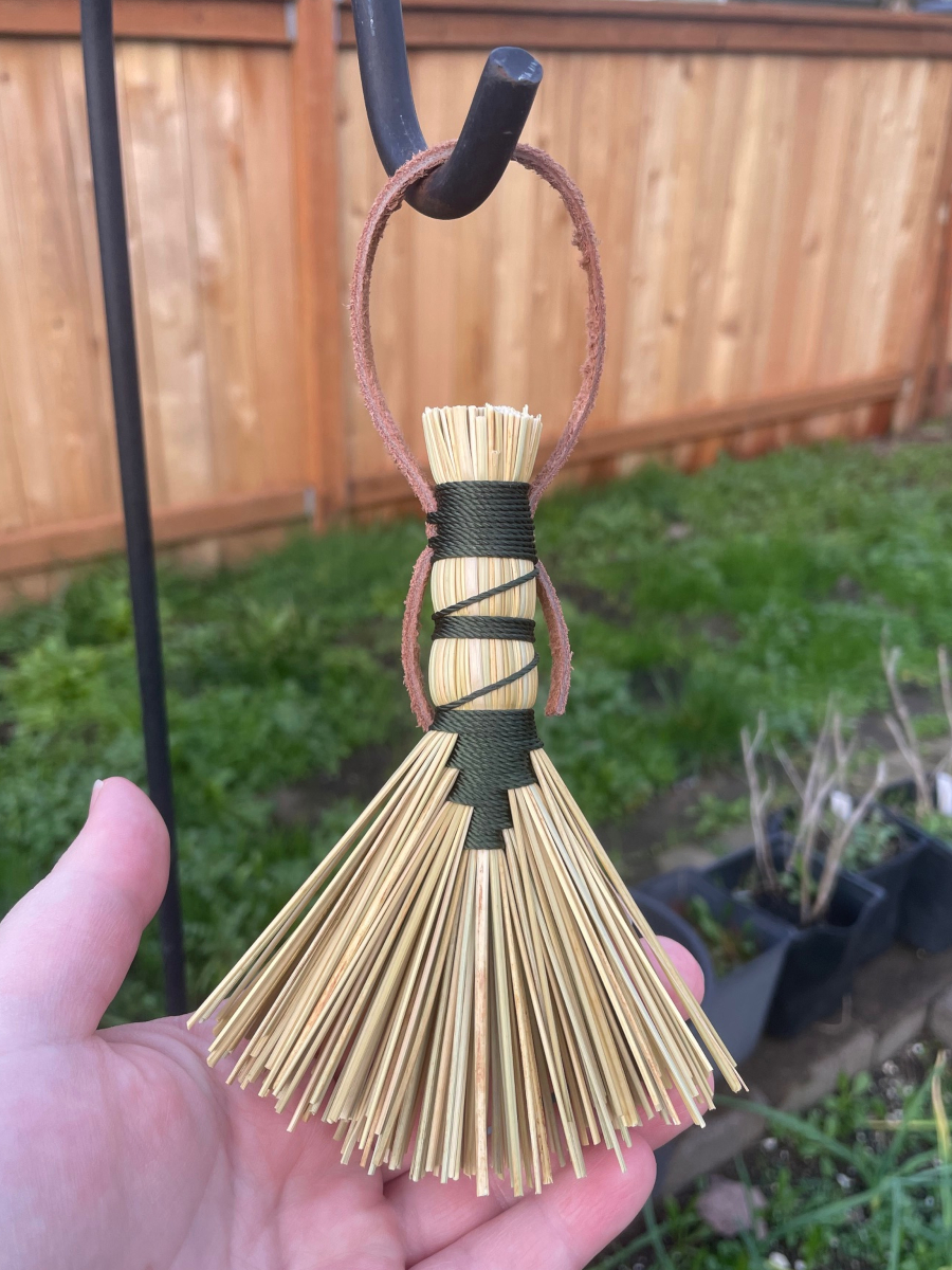 Handmade Small Hawk Tail Broom with Forest Green Handle, Suede Leather Hanging Loop - Image 3