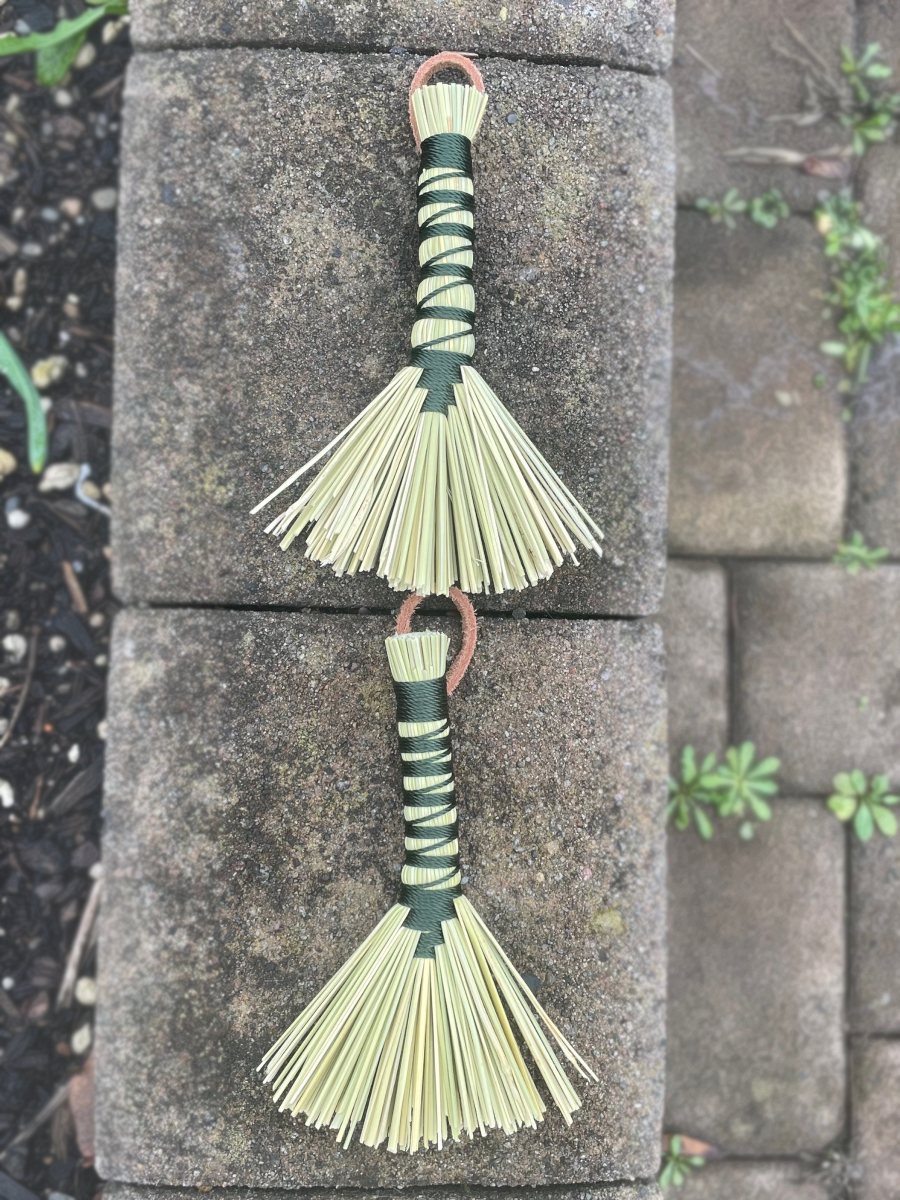 Handmade Tiny Hawk Tail Broom with Long Forest Green Handle, Suede Leather Hanging Loop - Image 4