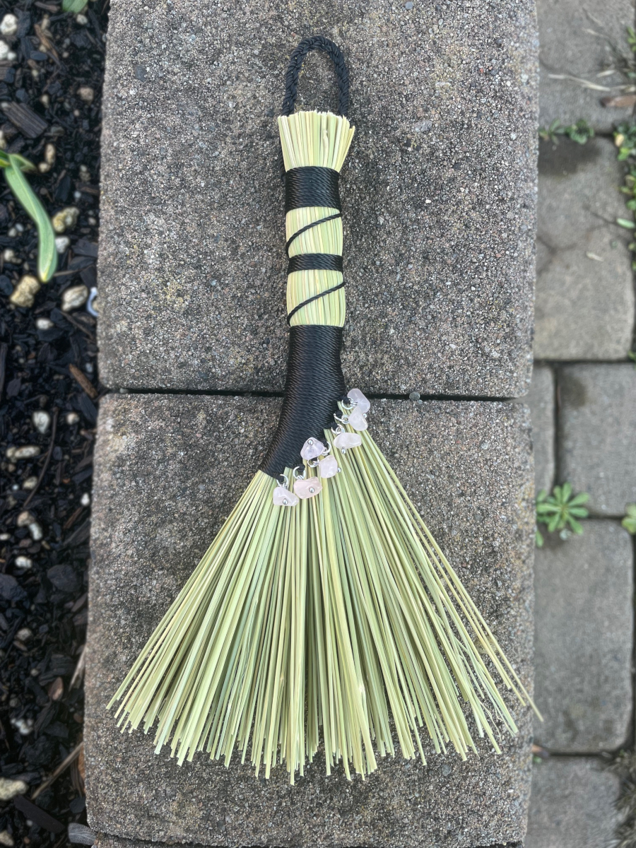 Handmade Hen Wing Hand Broom 8", Black Handle with Hanging Loop, Rose Quartz Charms - Image 5
