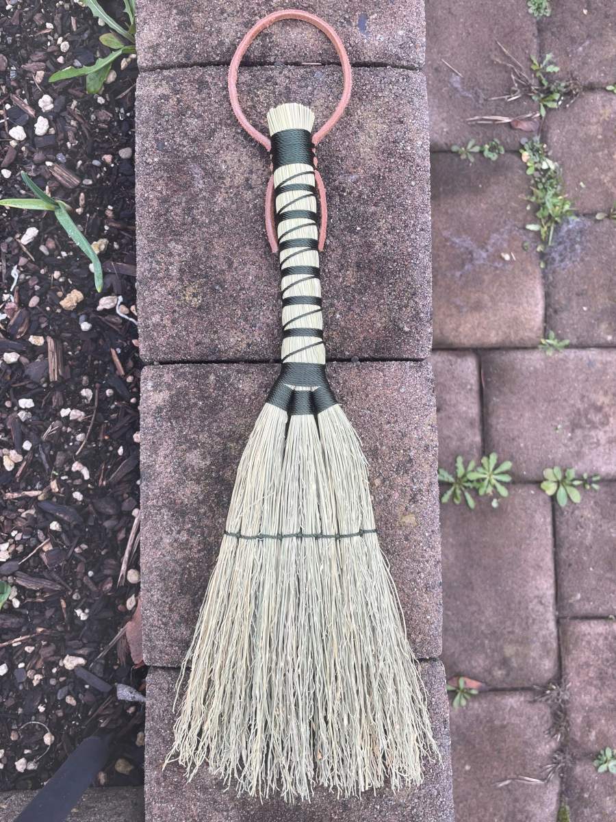 Handmade Hand Broom, Triple Bottom with Forest Green Handle, Suede Leather Hanging Loop - Image 4