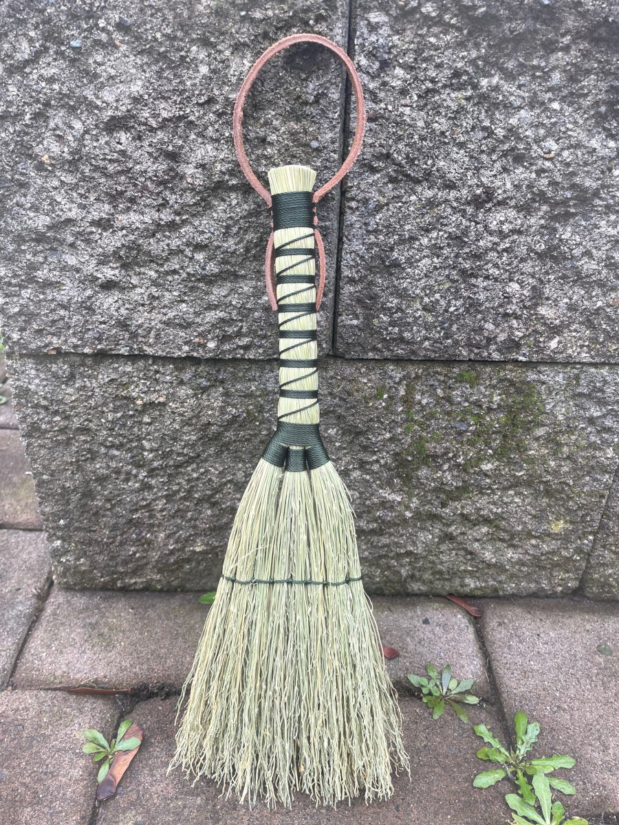 Handmade Hand Broom, Triple Bottom with Forest Green Handle, Suede Leather Hanging Loop - Image 3