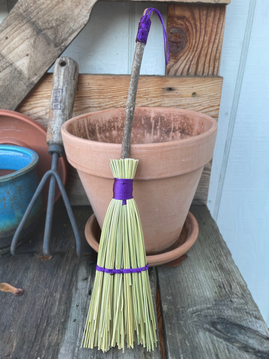 Handmade Wood Handle Small Broom 14", Purple Cord and Hanging Loop, Glass Star Bead Charms - Image 5