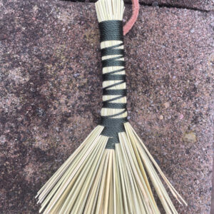 Handmade Tiny Hawk Tail Broom with Long Forest Green Handle, Suede Leather Hanging Loop