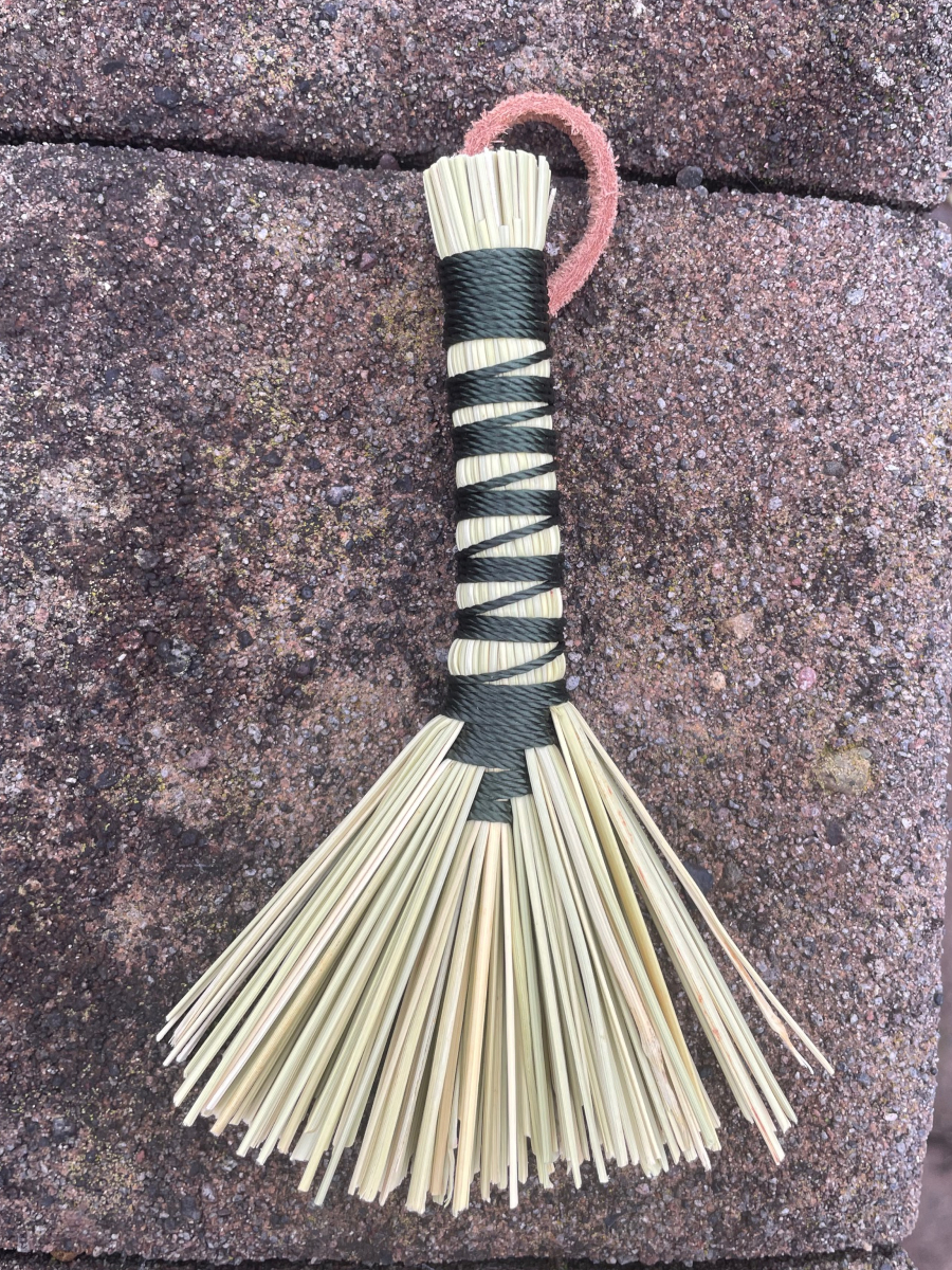 Handmade Tiny Hawk Tail Broom with Long Forest Green Handle, Suede Leather Hanging Loop