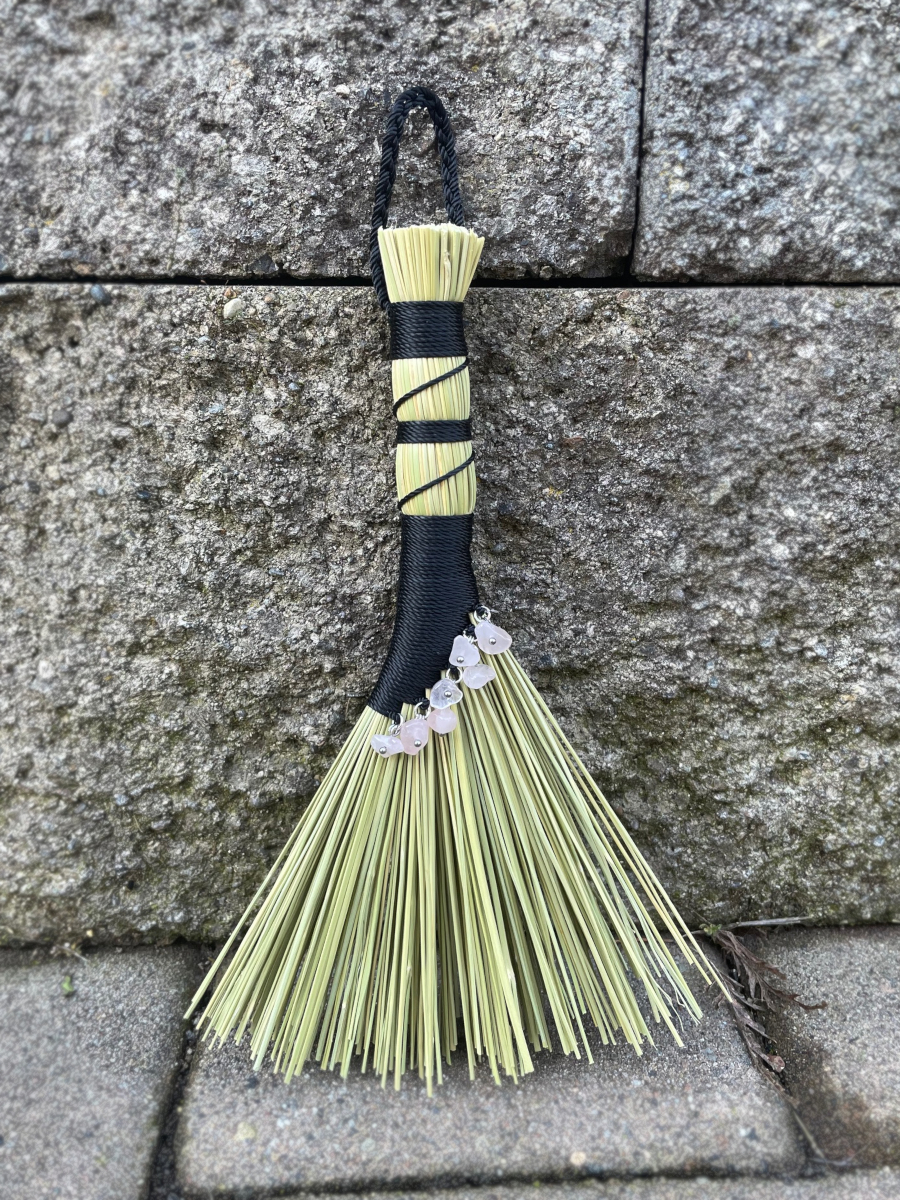 Handmade Hen Wing Hand Broom 8", Black Handle with Hanging Loop, Rose Quartz Charms - Image 4