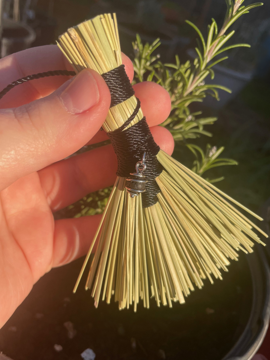 Handmade Small Hawk Tail Broom, Black Handle with Loop, Lava Bead Charm