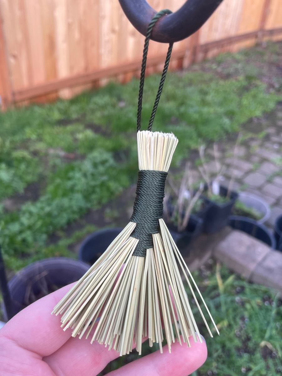 Handmade Tiny Hawk Tail Broom with Forest Green Handle, Hanging Loop - Image 5