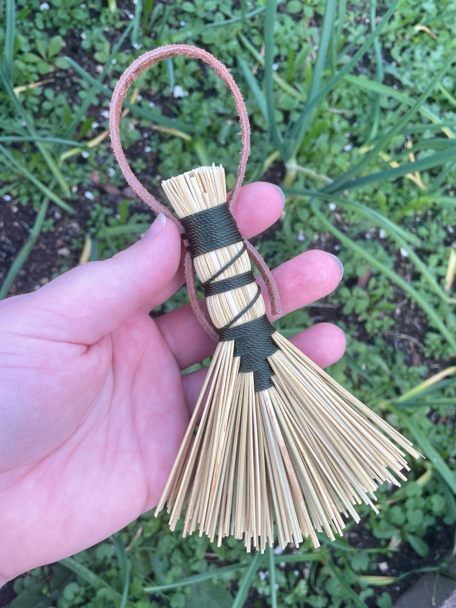 Handmade Small Hawk Tail Broom with Forest Green Handle, Suede Leather Hanging Loop - Image 5