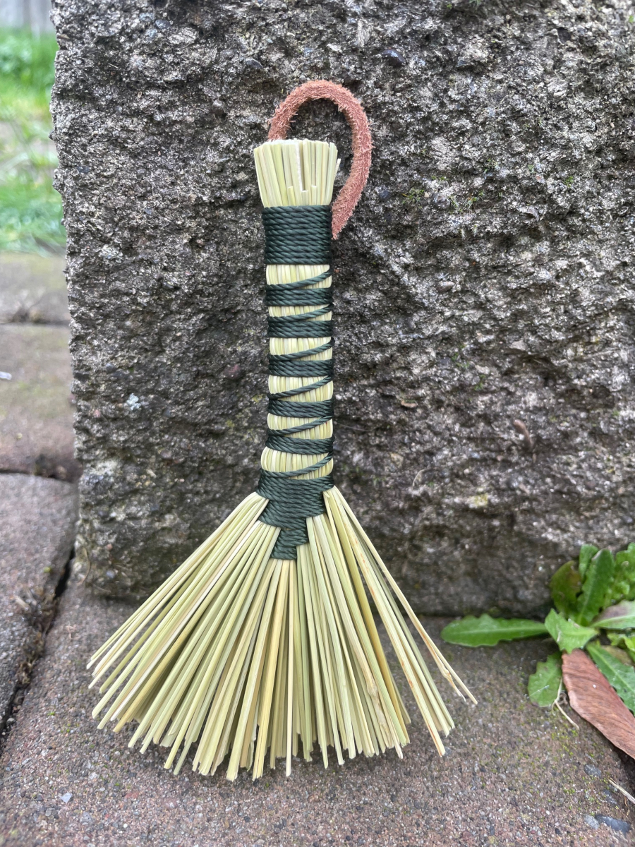 Handmade Tiny Hawk Tail Broom with Long Forest Green Handle, Suede Leather Hanging Loop - Image 5