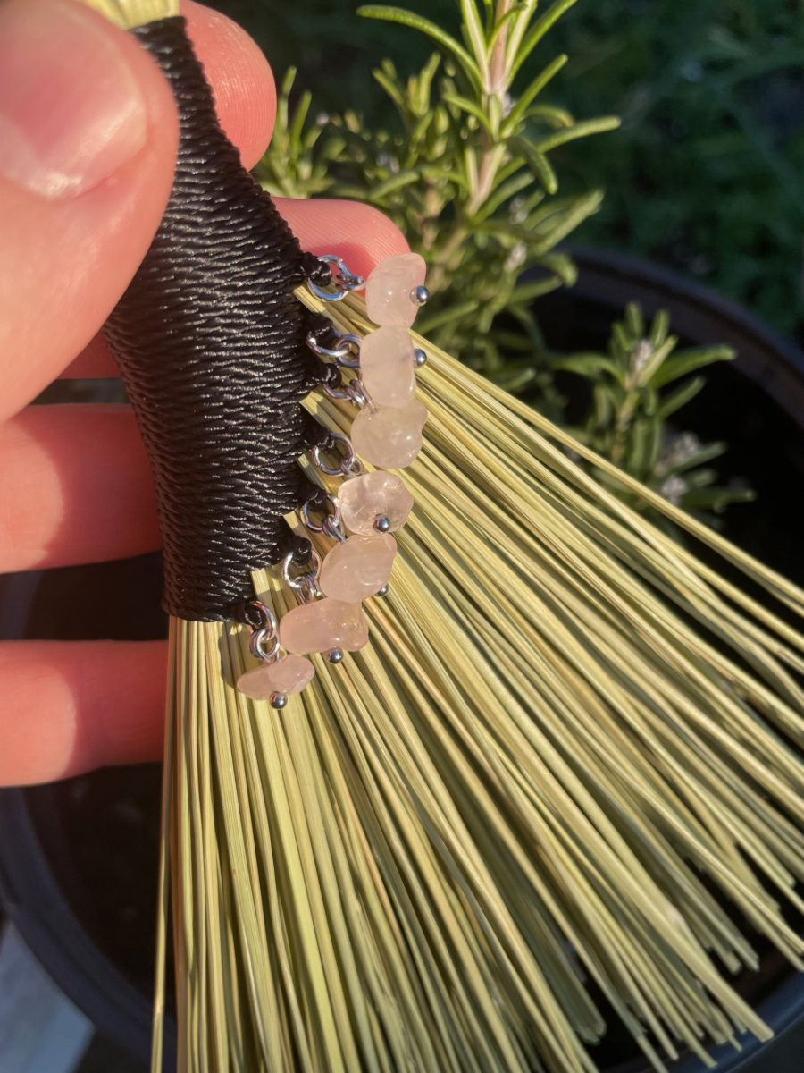 Handmade Hen Wing Hand Broom 8", Black Handle with Hanging Loop, Rose Quartz Charms - Image 3