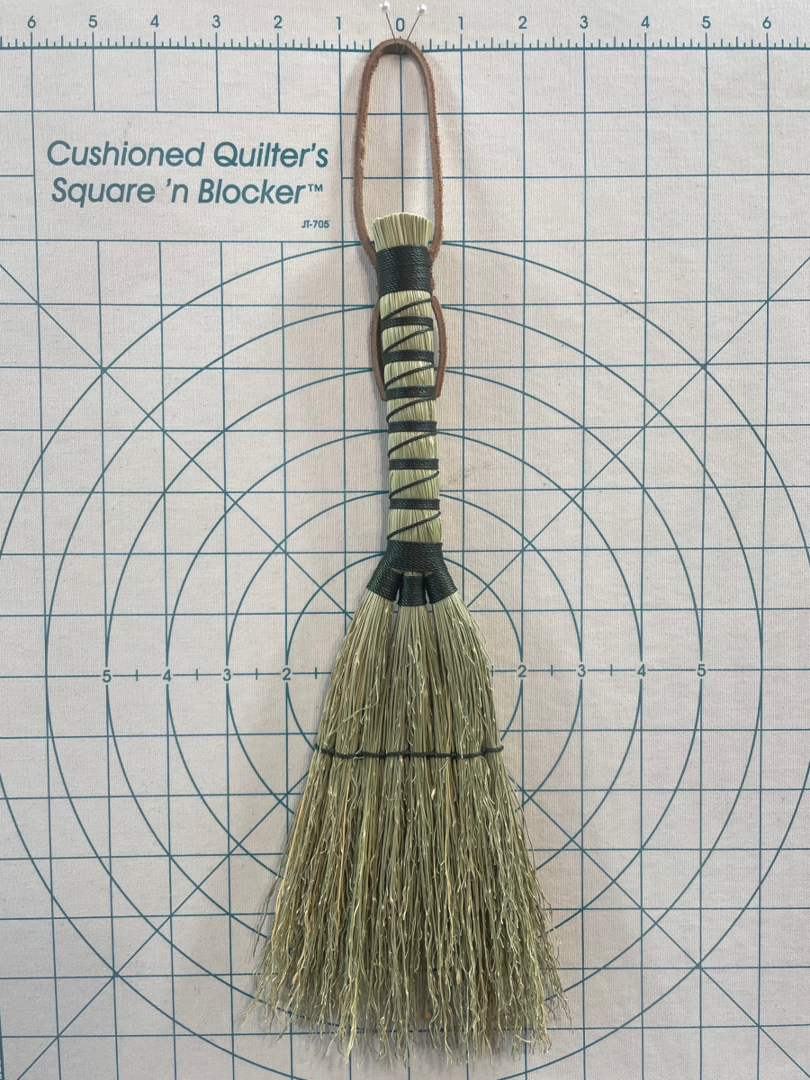 Handmade Hand Broom, Triple Bottom with Forest Green Handle, Suede Leather Hanging Loop - Image 6
