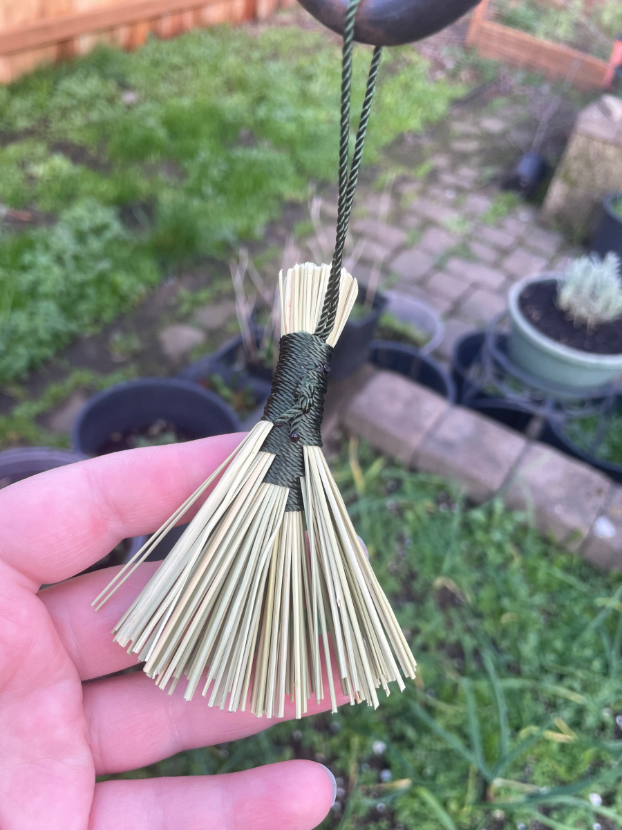Handmade Tiny Hawk Tail Broom with Forest Green Handle, Hanging Loop - Image 6