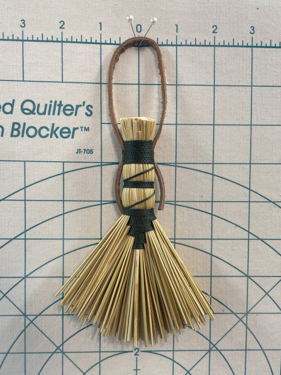 Handmade Small Hawk Tail Broom with Forest Green Handle, Suede Leather Hanging Loop - Image 6