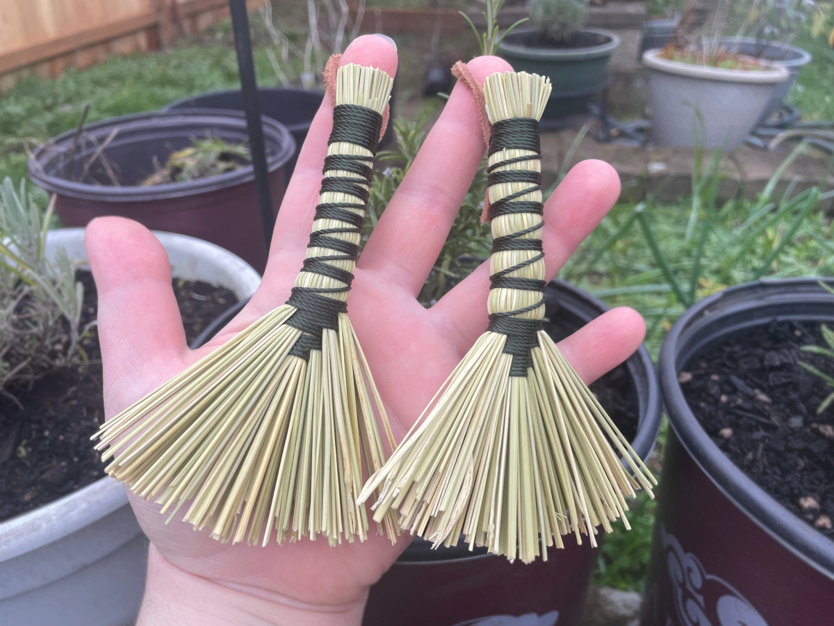 Handmade Tiny Hawk Tail Broom with Long Forest Green Handle, Suede Leather Hanging Loop - Image 6