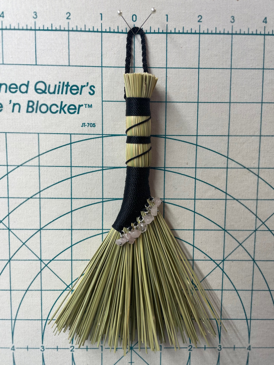 Handmade Hen Wing Hand Broom 8", Black Handle with Hanging Loop, Rose Quartz Charms - Image 6