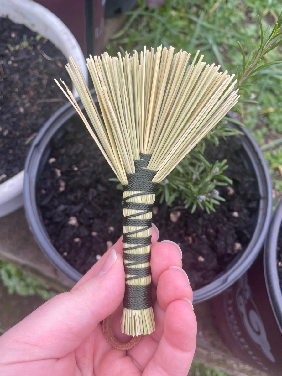 Handmade Tiny Hawk Tail Broom with Long Forest Green Handle, Suede Leather Hanging Loop - Image 7