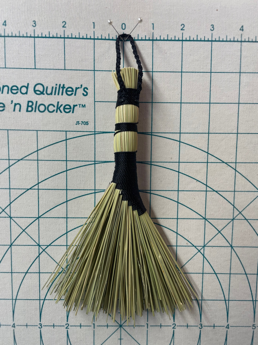 Handmade Hen Wing Hand Broom 8", Black Handle with Hanging Loop, Rose Quartz Charms - Image 7
