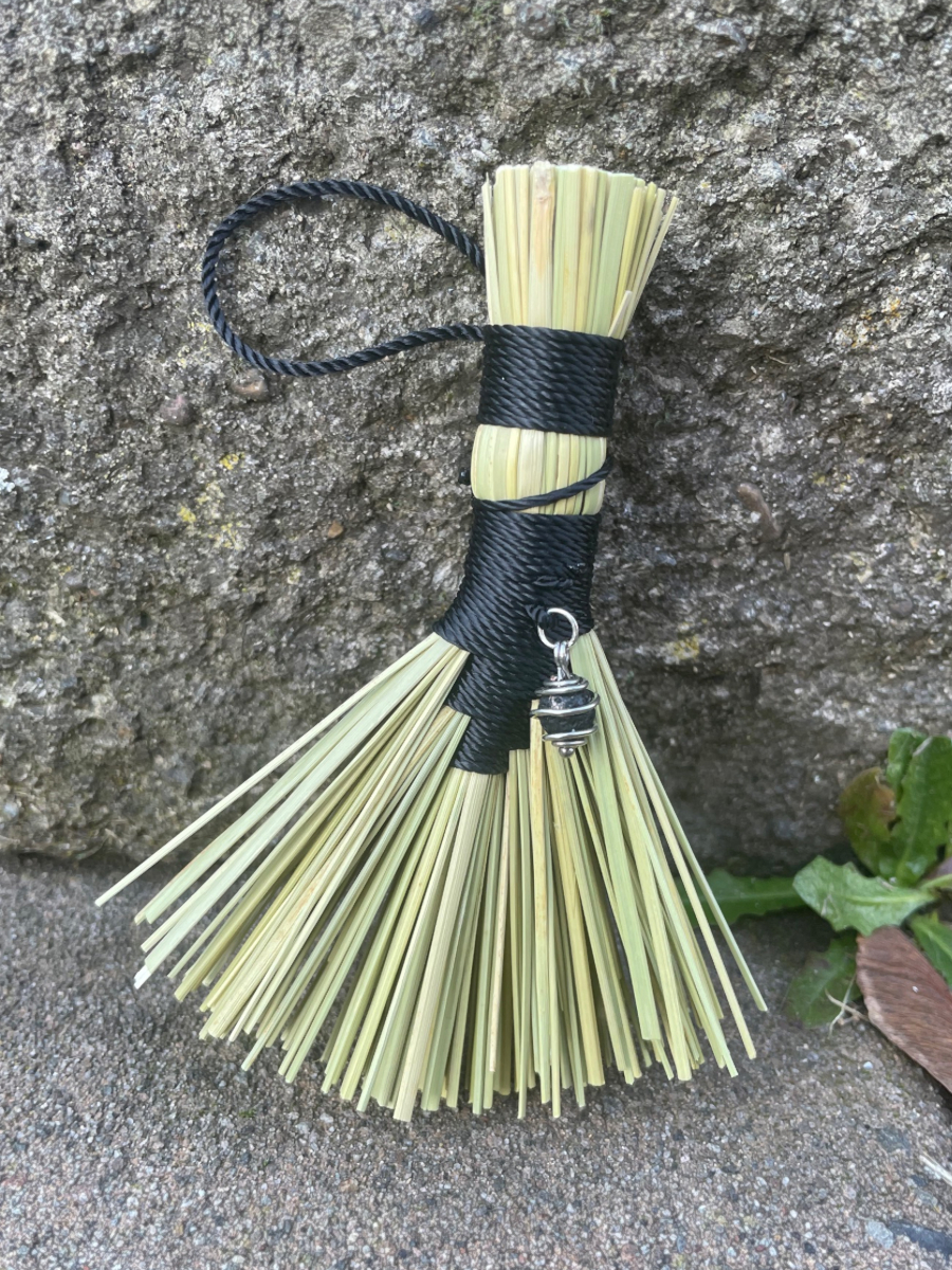 Handmade Small Hawk Tail Broom, Black Handle with Loop, Lava Bead Charm - Image 7