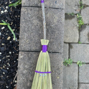 Handmade Wood Handle Small Broom 14", Purple Cord and Hanging Loop, Glass Star Bead Charms