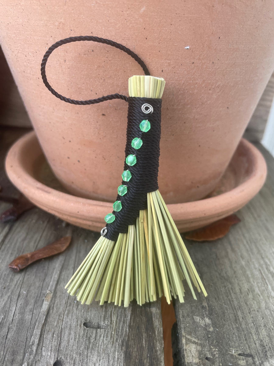 Handmade Small Hen Wing Broom, Black Handle with Loop, Uranium Glass Bead Details - Image 2