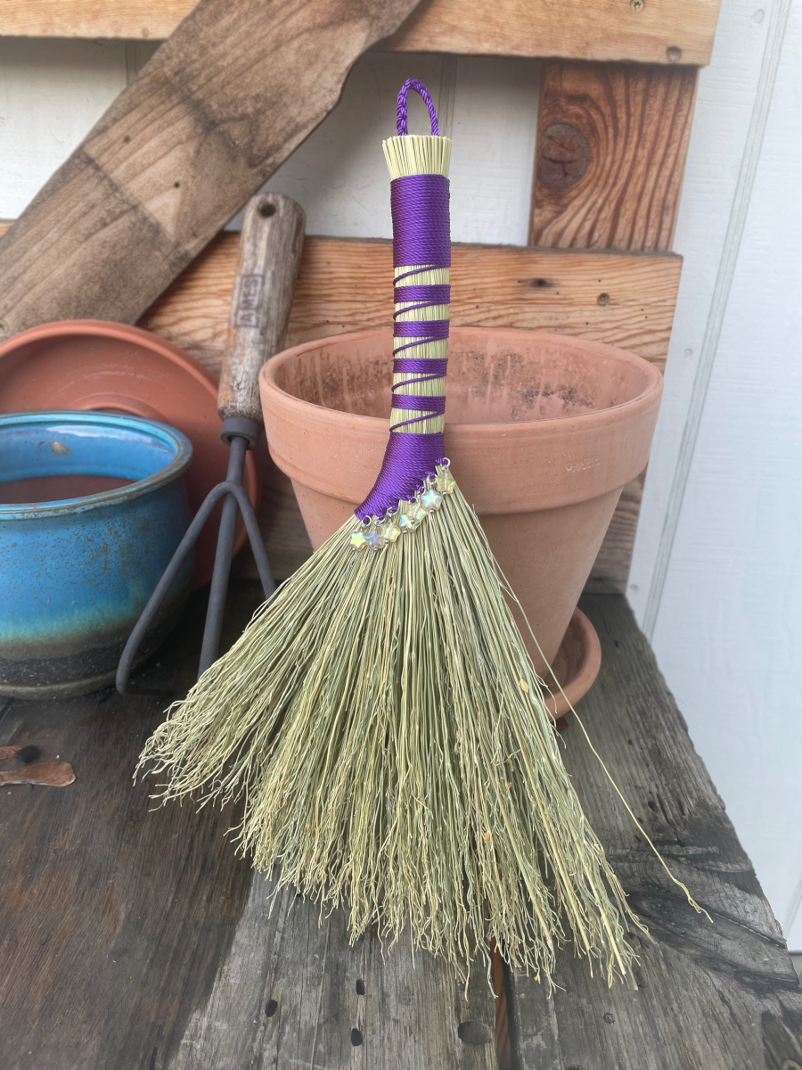 Handmade Hen Wing Hand Broom 12", Purple Handle with Hanging Loop, Glass Star Bead Charms - Image 2