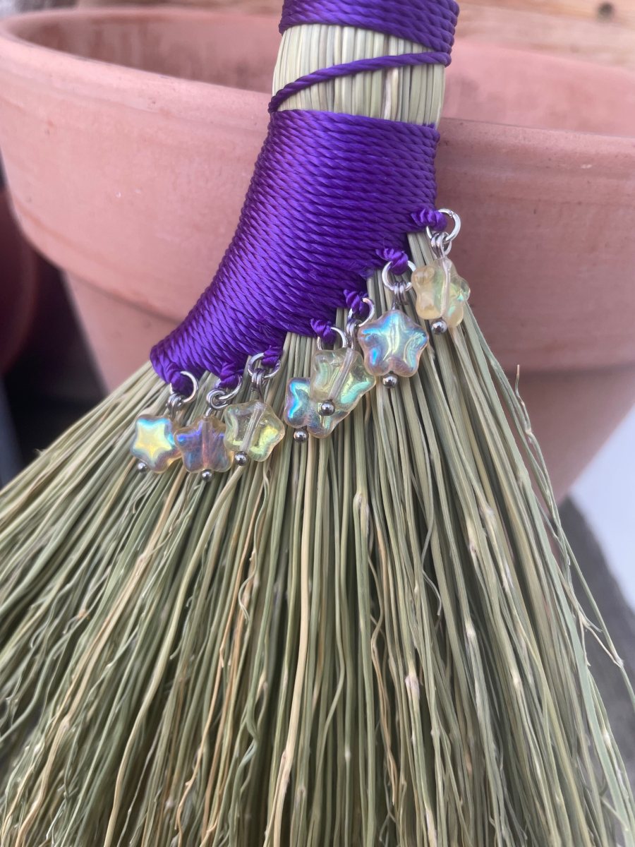 Handmade Hen Wing Hand Broom 12", Purple Handle with Hanging Loop, Glass Star Bead Charms - Image 3