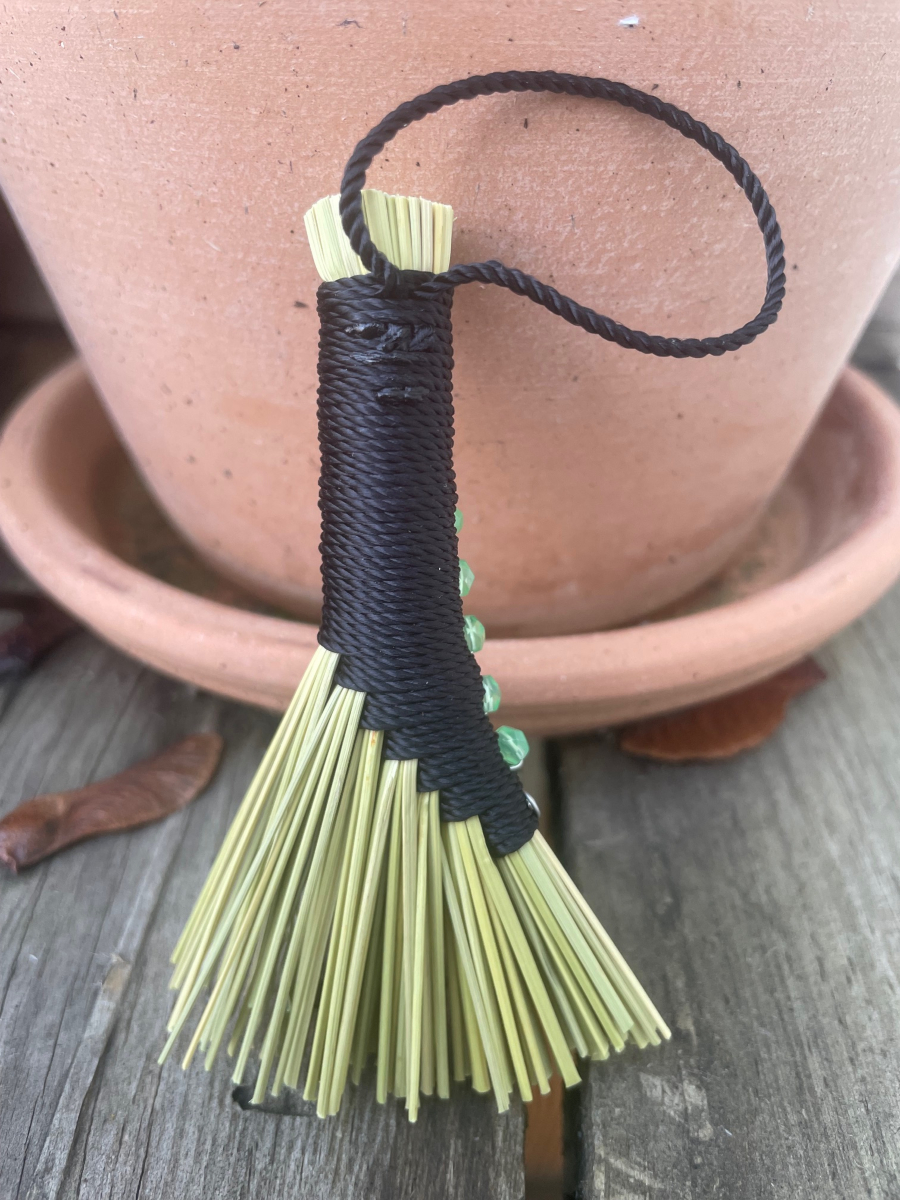 Handmade Small Hen Wing Broom, Black Handle with Loop, Uranium Glass Bead Details - Image 3