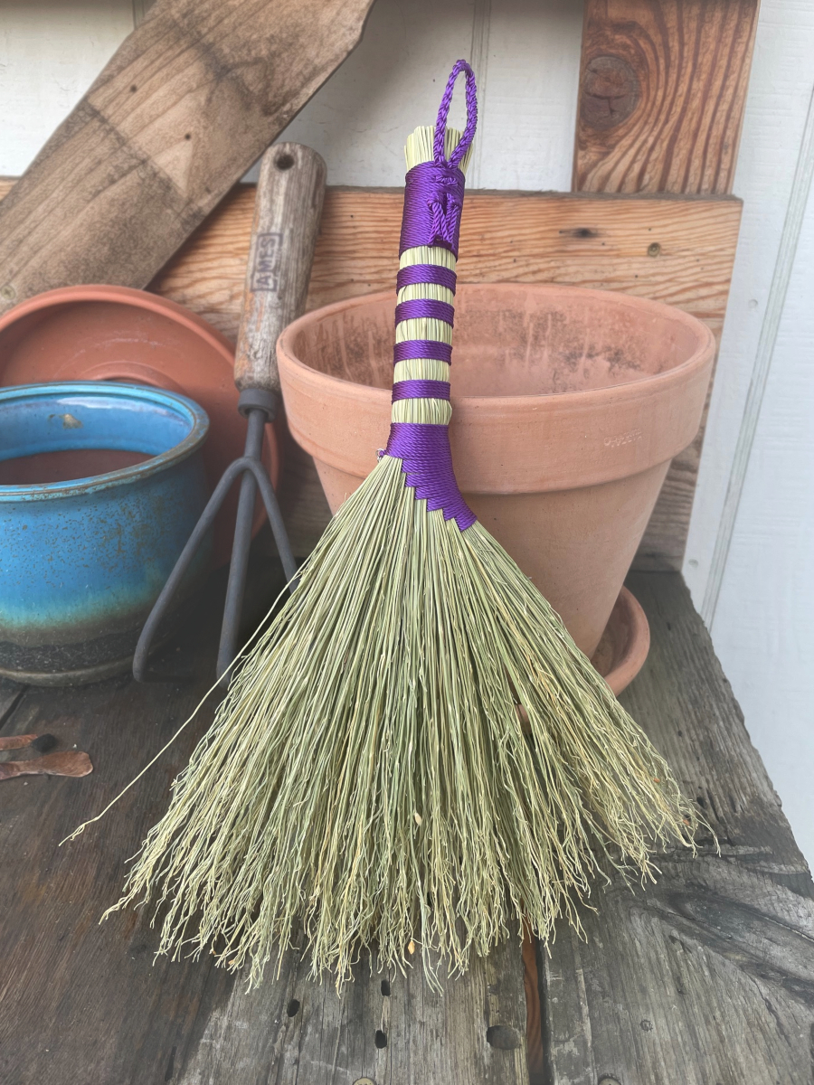 Handmade Hen Wing Hand Broom 12", Purple Handle with Hanging Loop, Glass Star Bead Charms - Image 4