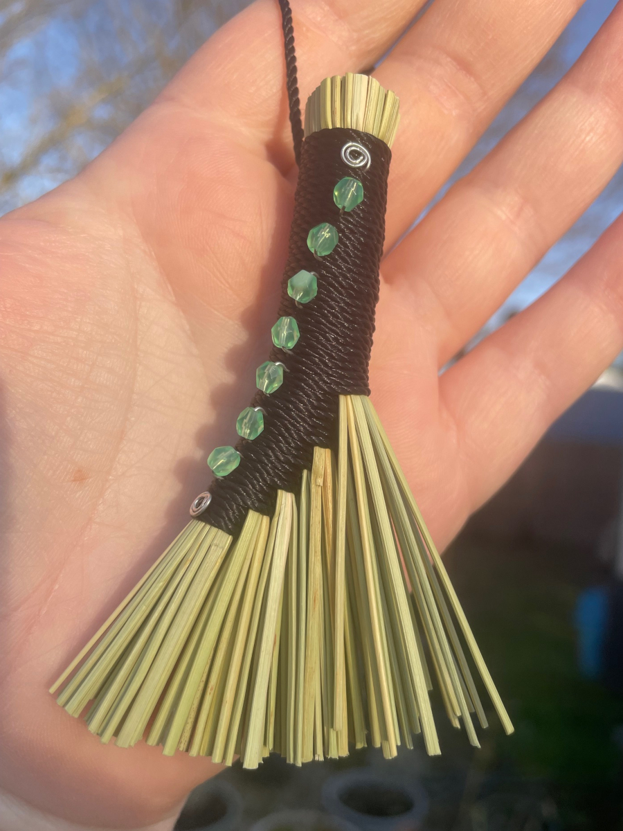 Handmade Small Hen Wing Broom, Black Handle with Loop, Uranium Glass Bead Details - Image 4