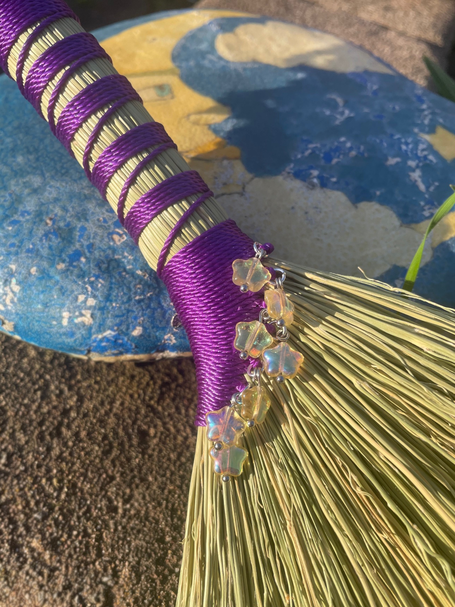 Handmade Hen Wing Hand Broom 12", Purple Handle with Hanging Loop, Glass Star Bead Charms - Image 5