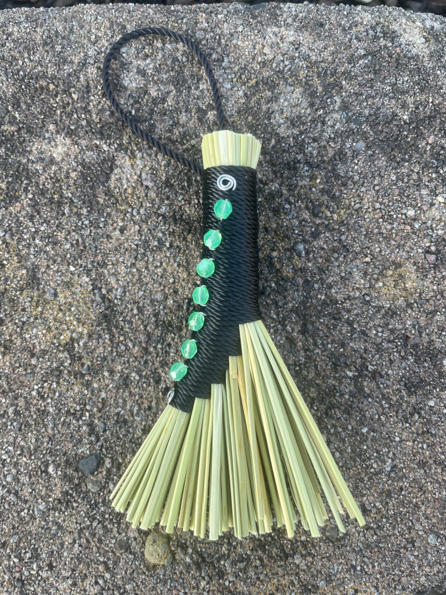 Handmade Small Hen Wing Broom, Black Handle with Loop, Uranium Glass Bead Details - Image 5