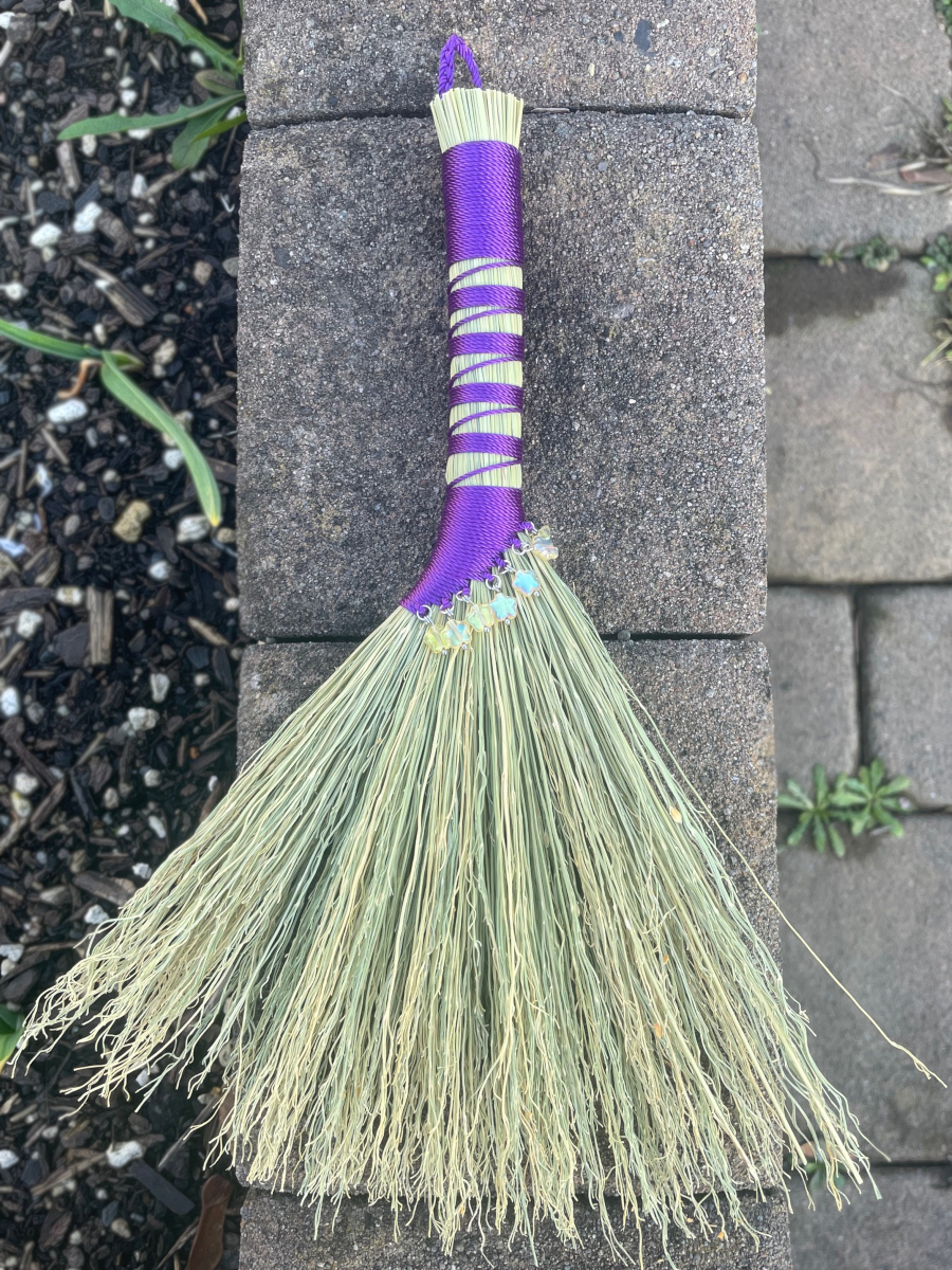 Handmade Hen Wing Hand Broom 12", Purple Handle with Hanging Loop, Glass Star Bead Charms - Image 6