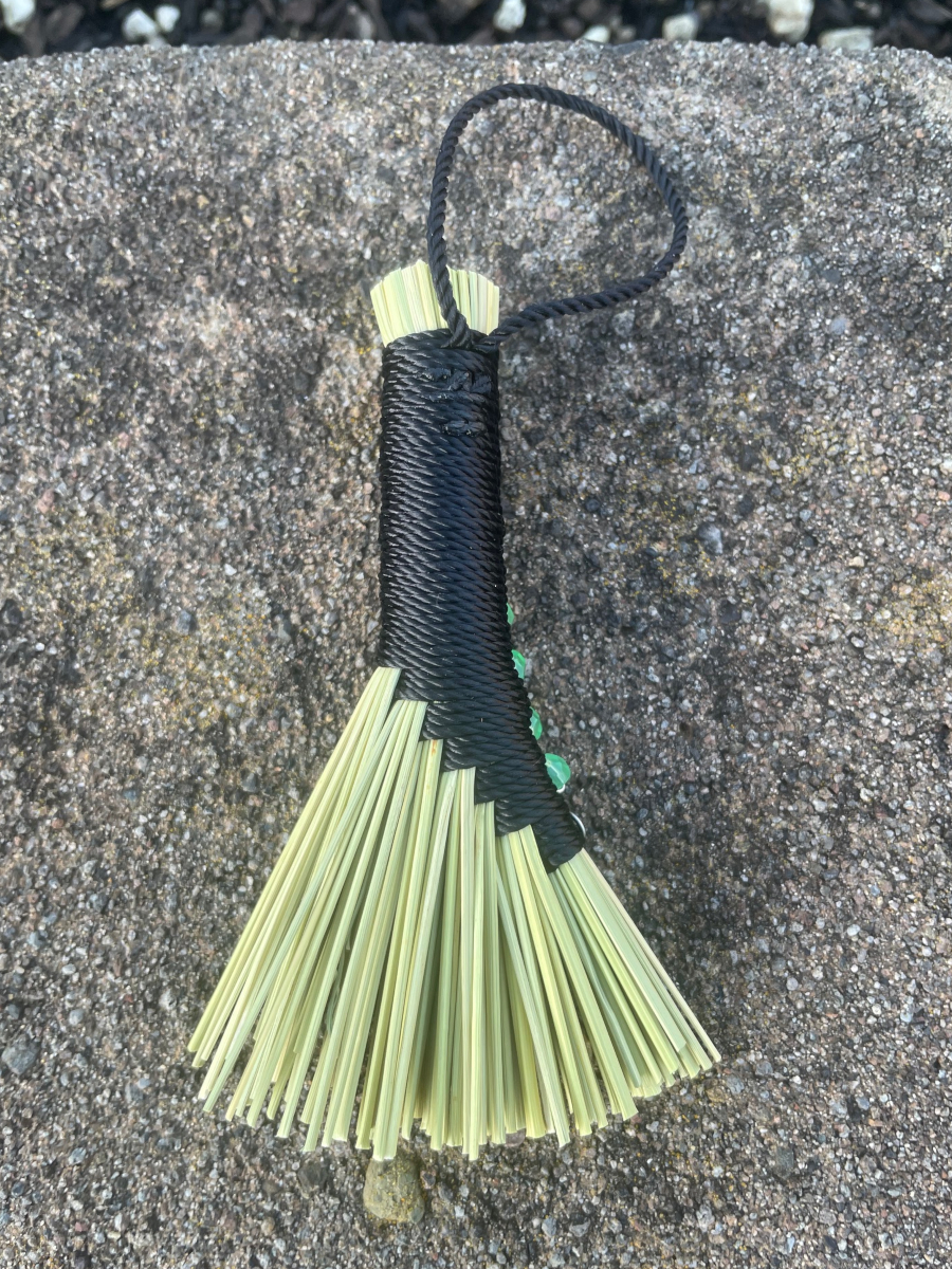 Handmade Small Hen Wing Broom, Black Handle with Loop, Uranium Glass Bead Details - Image 6